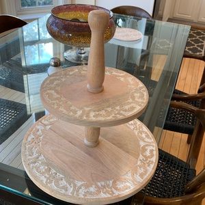 - Cup cake sweets 2 tier carved wood plate . Never used .